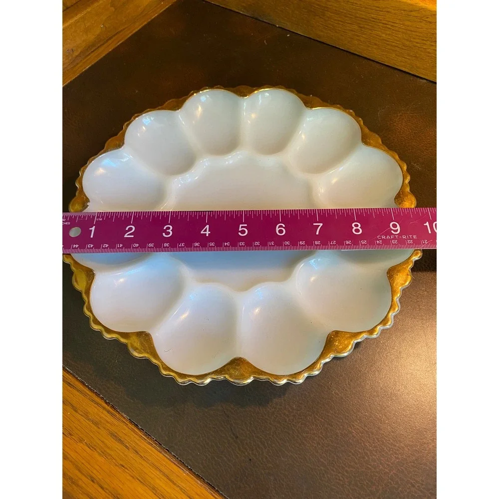 Vintage Deviled Egg Platter Milk Glass White Gold Excellent Scalloped 9 Inch‎